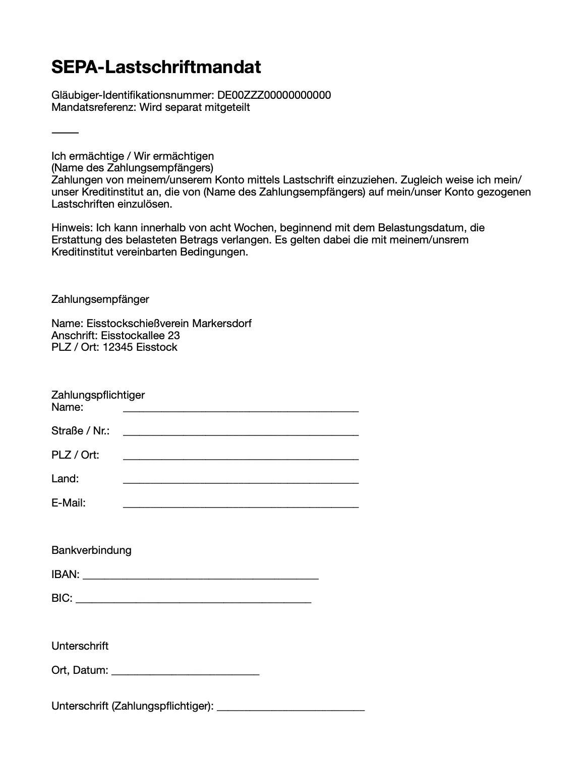 Muster eines Formulares für SEPA-Lastschriftmandate